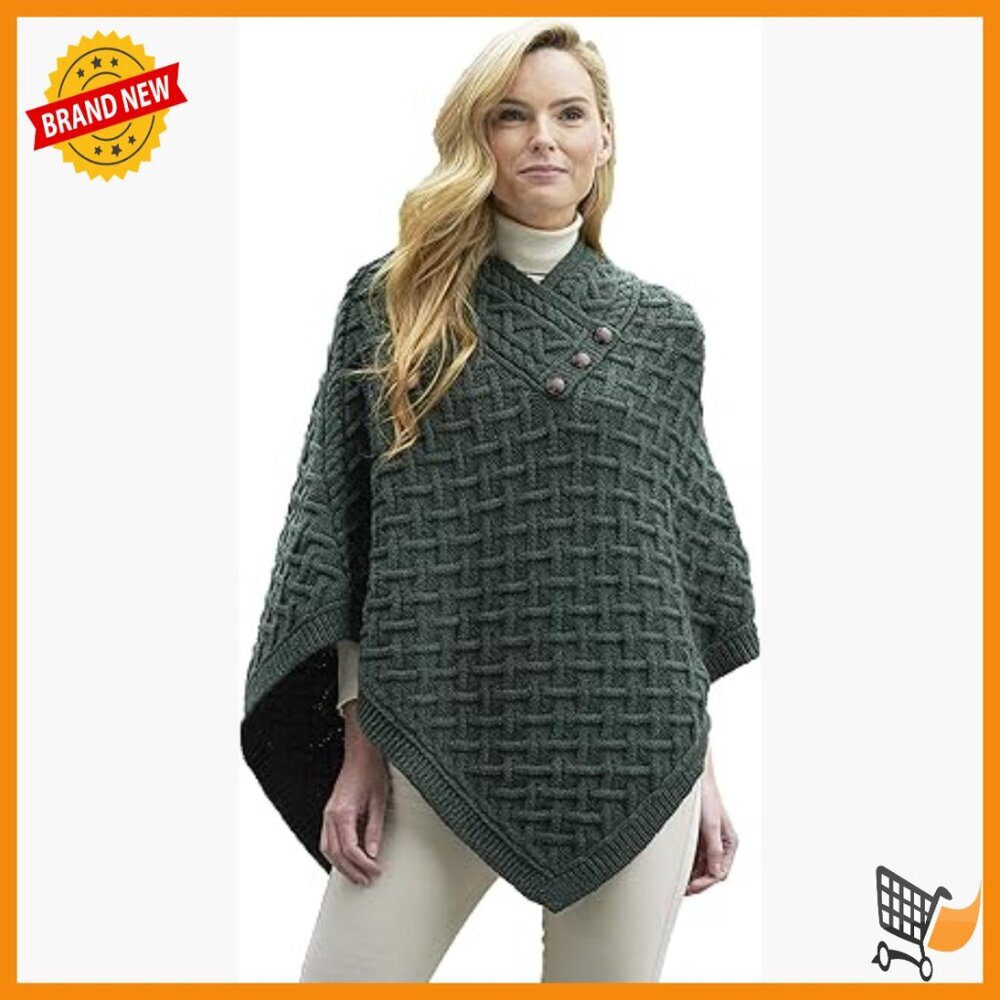 Cable Knit Merino Wool Poncho Sweater Cape with Button Closure